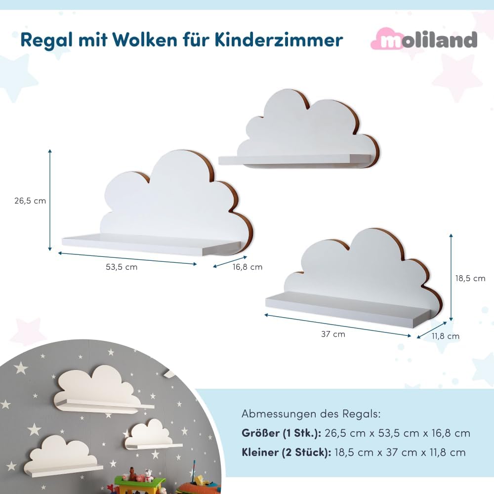 3er Set Wandregal Kinderzimmer Weiss | Babyzimmer Wolkenregal für Bücher, Spielzeug, Dekoration | Re