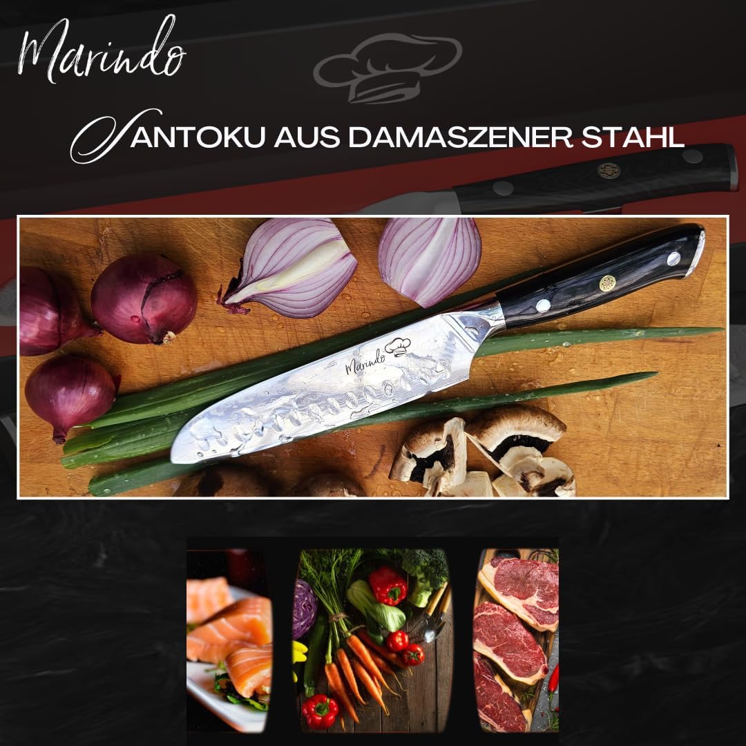 Marindo Santoku Damastmesser aus echtem Damaszener Stahl 17,8 cm Klinge | japanisches Santoku Damast