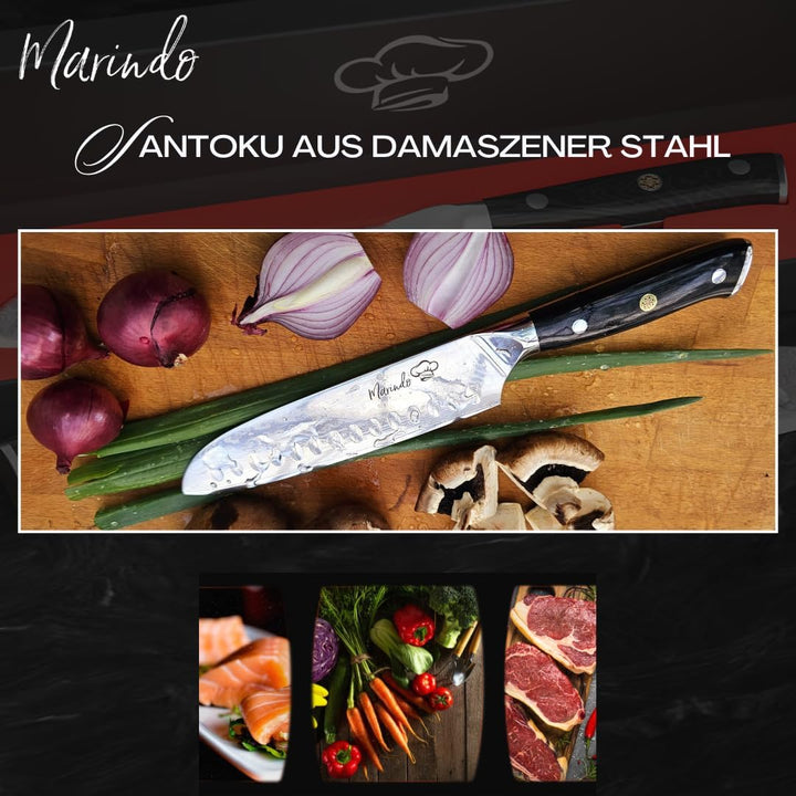 Marindo Santoku Damastmesser aus echtem Damaszener Stahl 17,8 cm Klinge | japanisches Santoku Damast
