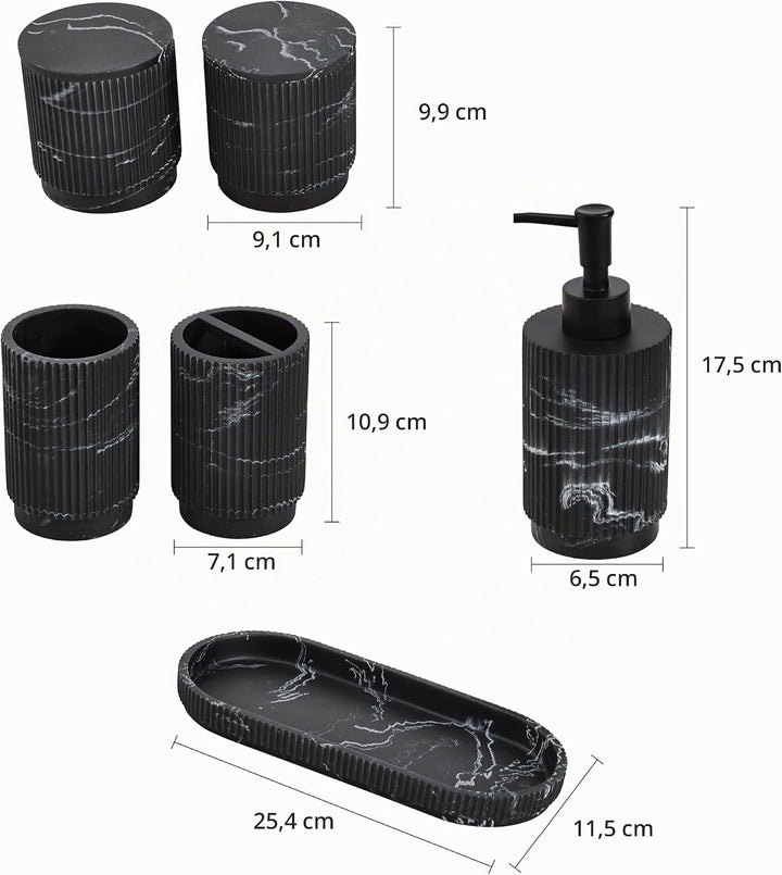 Badezimmer Set 6-TLG | Seifenspender + Zahnputzbecher mit Tablett &amp; Wattestäbchenbox | Design Streif