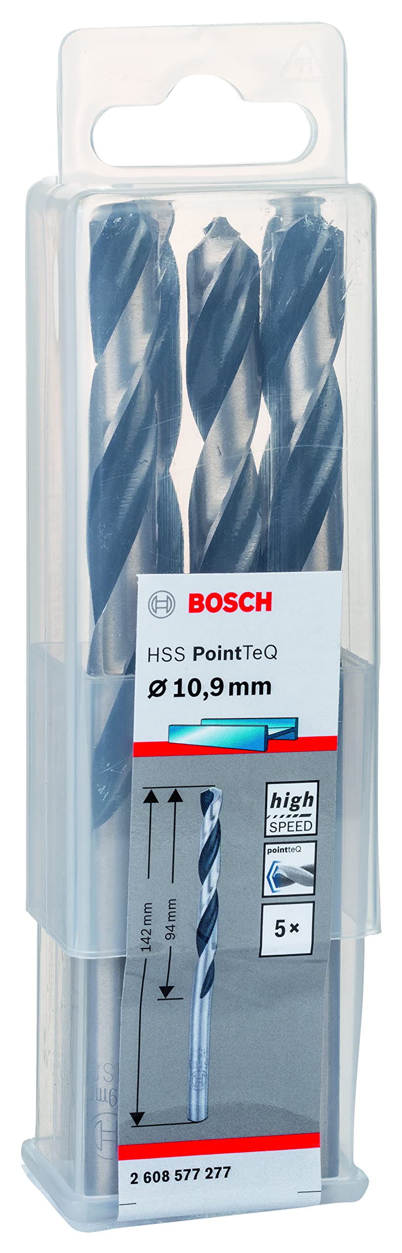 Bosch Professional 5 Stück HSS Spiralbohrer PointTeQ (für Metall, 10,9 x 94 x 142 mm, Zubehör Bohrsc