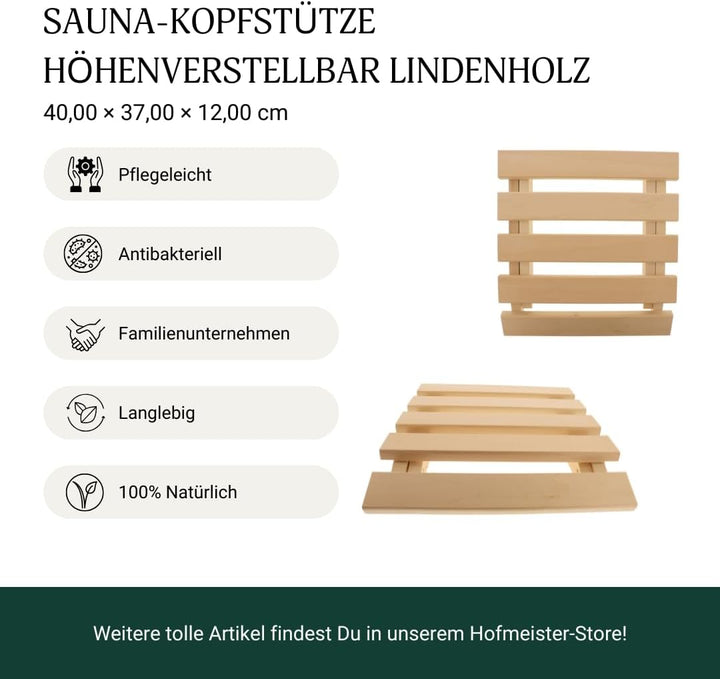 2X HOFMEISTER® Höhenverstellbare Kopfstütze für die Sauna aus Linden-Holz, 40 cm, ergonomisch einste