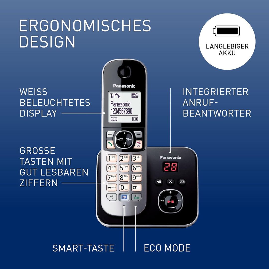 Panasonic KX-TG6821GB DECT Schnurlostelefon mit Anrufbeantworter (strahlungsarm, Eco-Modus, GAP Tele