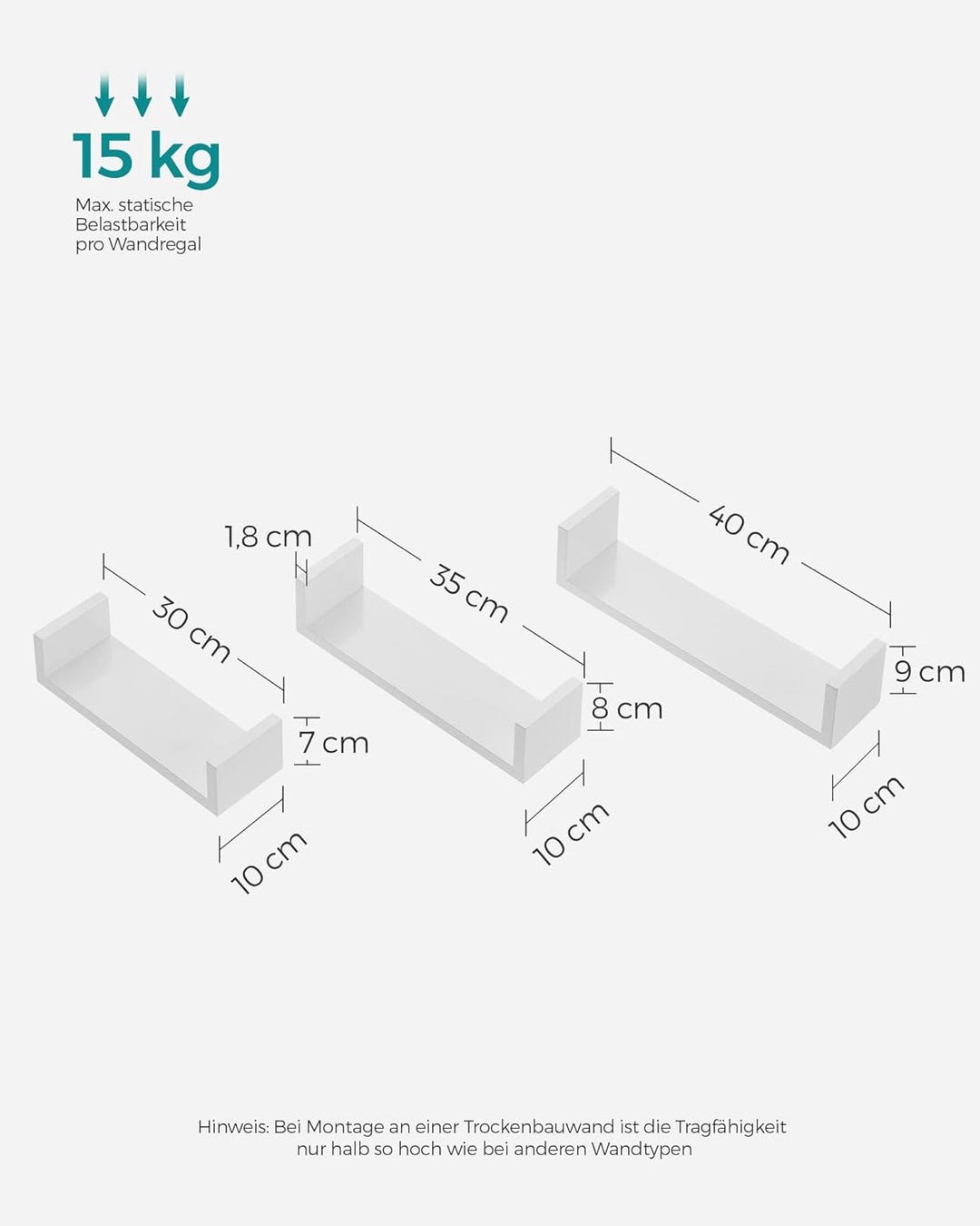 SONGMICS Custos Kollektion - Wandregal, 3er Set, Schweberegal, 30/35/40 cm, Regal zur Wandmontage, j