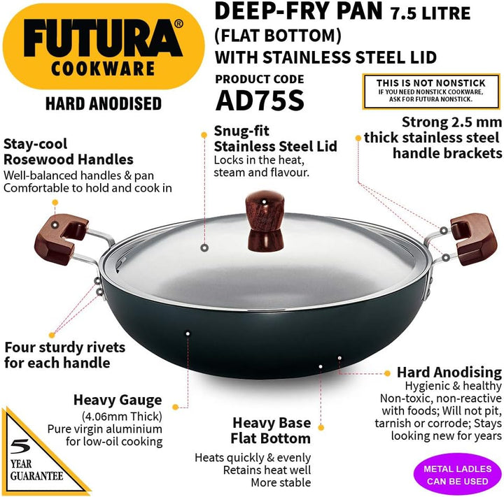 Futura Hard eloxiert deep-fry Pan (Kadhai) mit Stahl Deckel und flacher Boden 7.5L, 7.5L