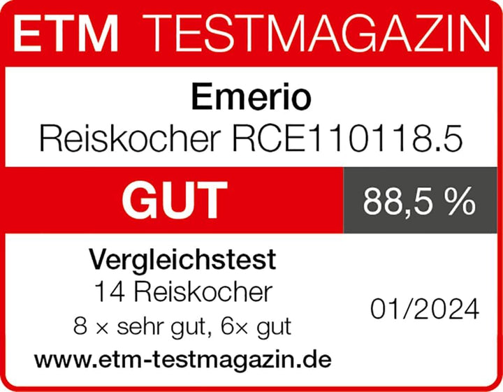 Emerio automatischer Eco Reiskocher, BPA frei, mit 1.5L Volumen, Warmhaltefunktion, Auto Off, Antiha