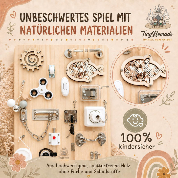 Tiny Nomads Montessori Busy Board motorikbrett ab 1 2 3 4 Jahr - Motorikboard für Baby Sensorik Acti