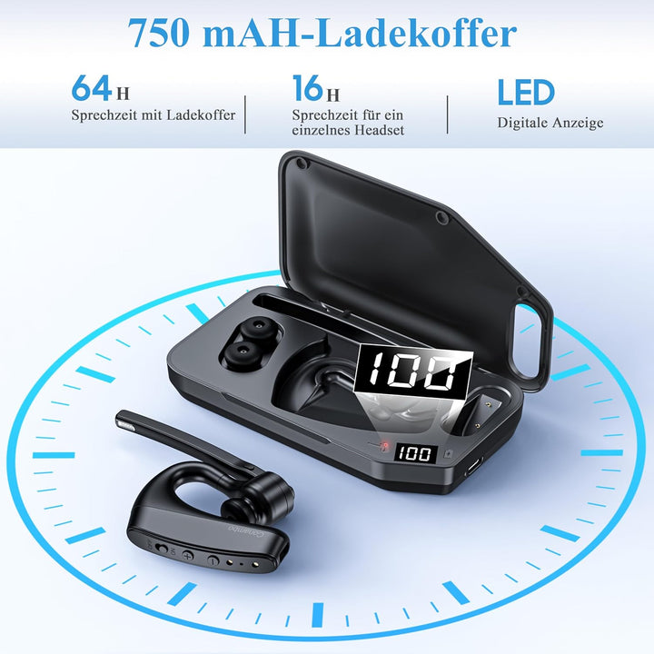 Conambo Bluetooth Headset V5.2, kabelloser Ohrhörer mit 750-mAh-Ladeetui, 64 Stunden Gesprächszeit,