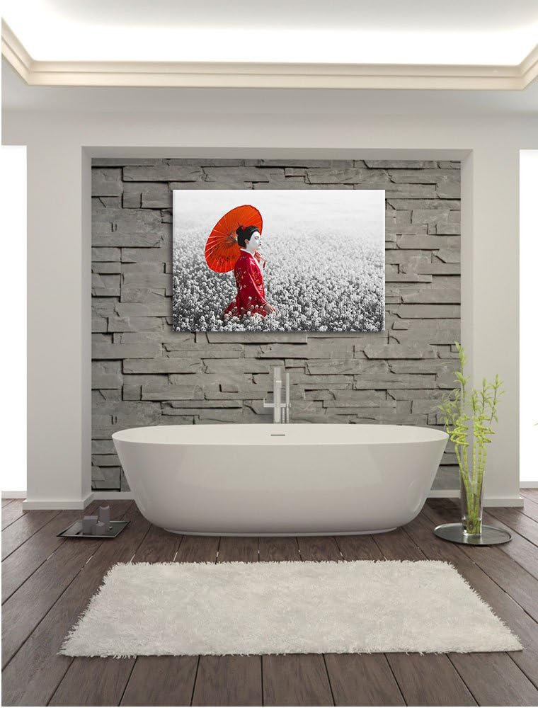 Pixxprint Geisha auf dem Feld / 100x70cm Leinwandbild bespannt auf Holzrahmen/Wandbild Kunstdruck De