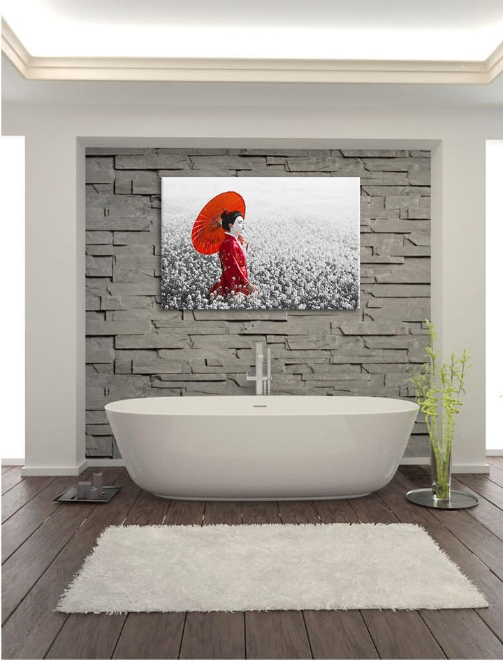 Pixxprint Geisha auf dem Feld / 100x70cm Leinwandbild bespannt auf Holzrahmen/Wandbild Kunstdruck De