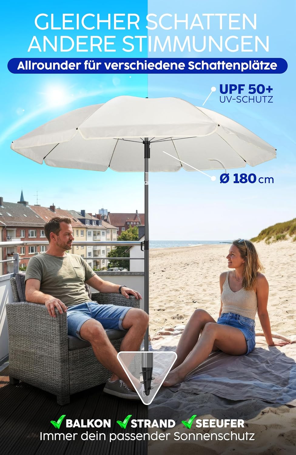 4smile Sonnenschirm Balkon Ø 180cm, Beige - Sonnenschirm Strand mit Hülle - Balkonschirm mit Knickfu