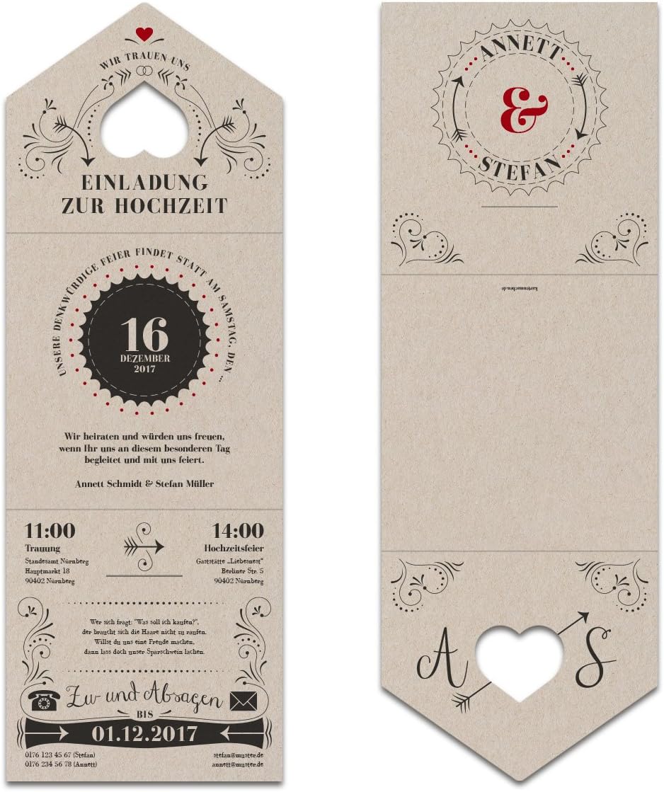 10 x Lasergeschnittene Hochzeit Einladungskarten - Vintage Retro Kraftpapier Einladung Steckbar, 10