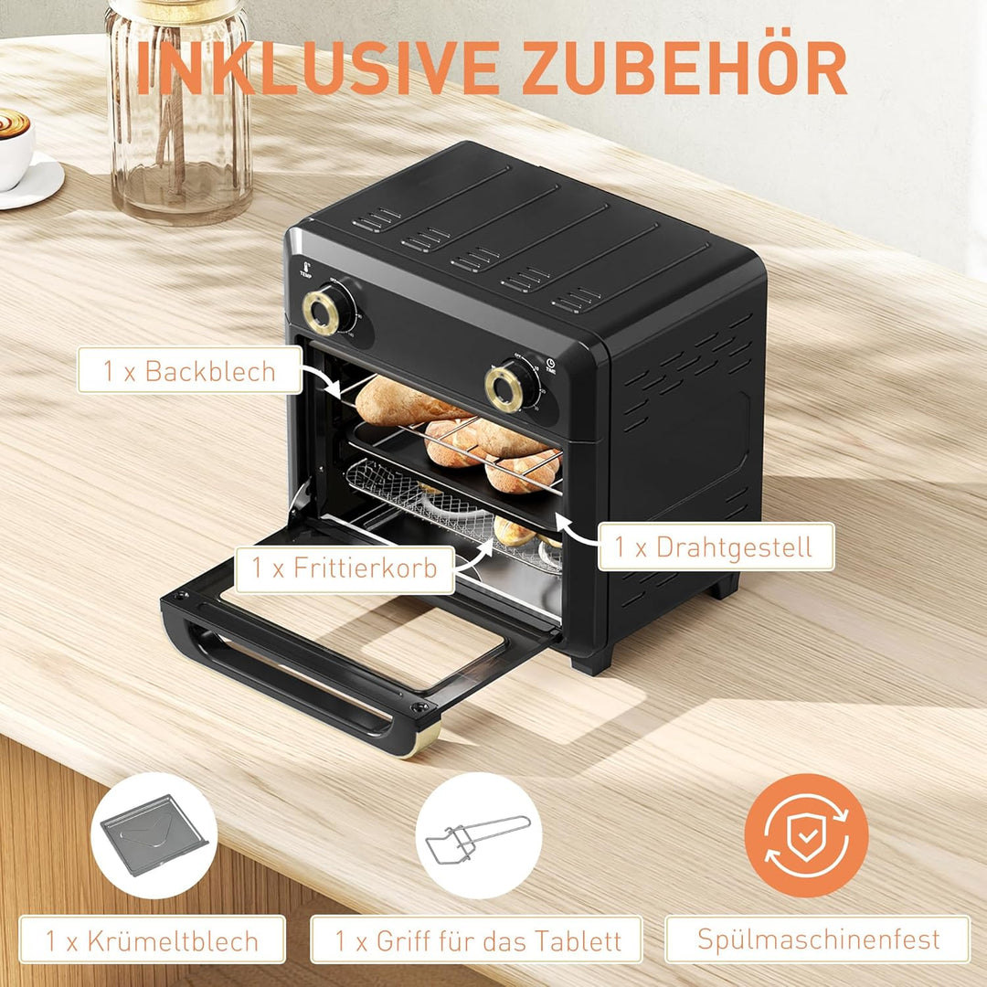 HOMCOM Minibackofen mit Umluft, 10L Heissluftfritteuse, Backofen Klein mit 60-Min-Timer und Innenbel