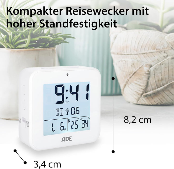 ADE Funkwecker digital mit Batterie | 2 Weckzeiten | Temperaturanzeige | Luftfeuchtigkeit | Reisewec