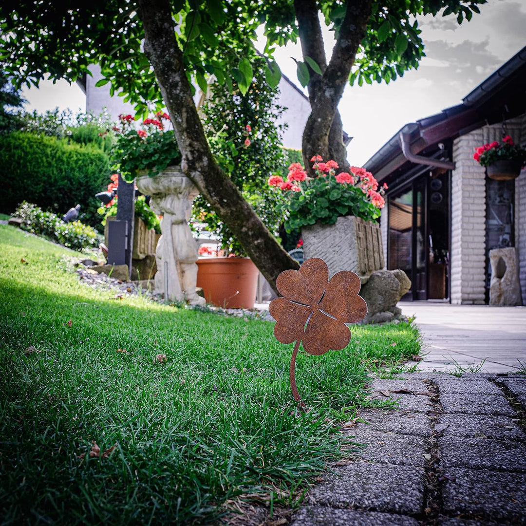 MM Steel Styles Edelrost Kleeblatt Gartenstecker-einfach einsteckbare Rostdeko aus hochwertigem Cort
