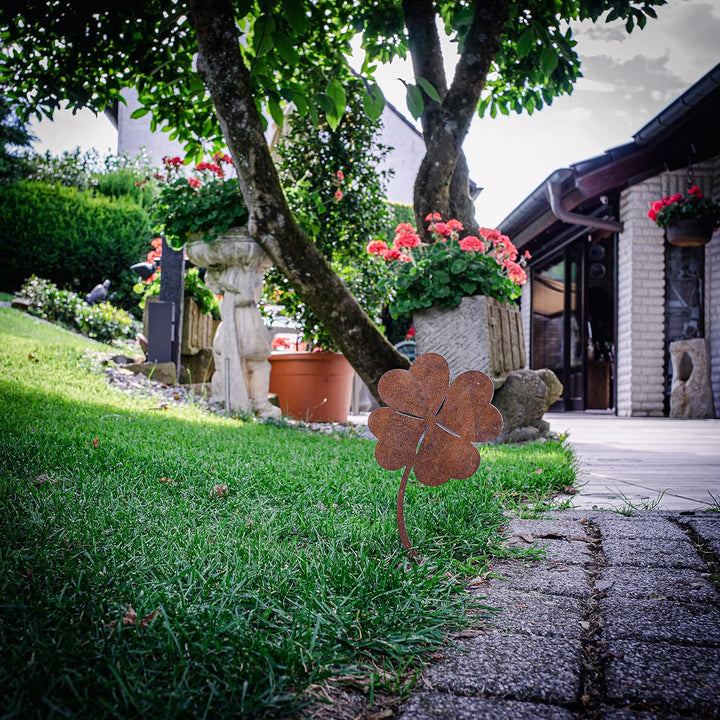 MM Steel Styles Edelrost Kleeblatt Gartenstecker-einfach einsteckbare Rostdeko aus hochwertigem Cort