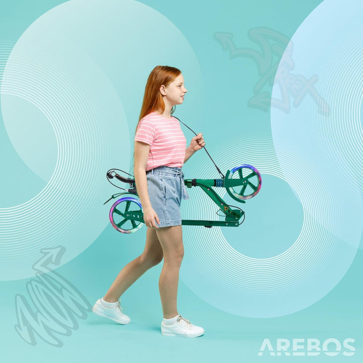 Arebos Cityroller Tretroller mit LED | höhenverstellbar | klappbar | inkl. Tragegurt | Hand- & Tritt