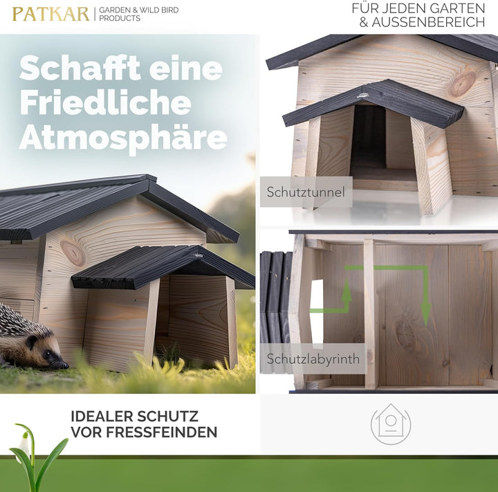 PATKAR Igelhaus Winterfest mit Boden [SCHÜTZT VOR FRESSFEINDEN] - Premium Igelfutterhaus (Made in Eu