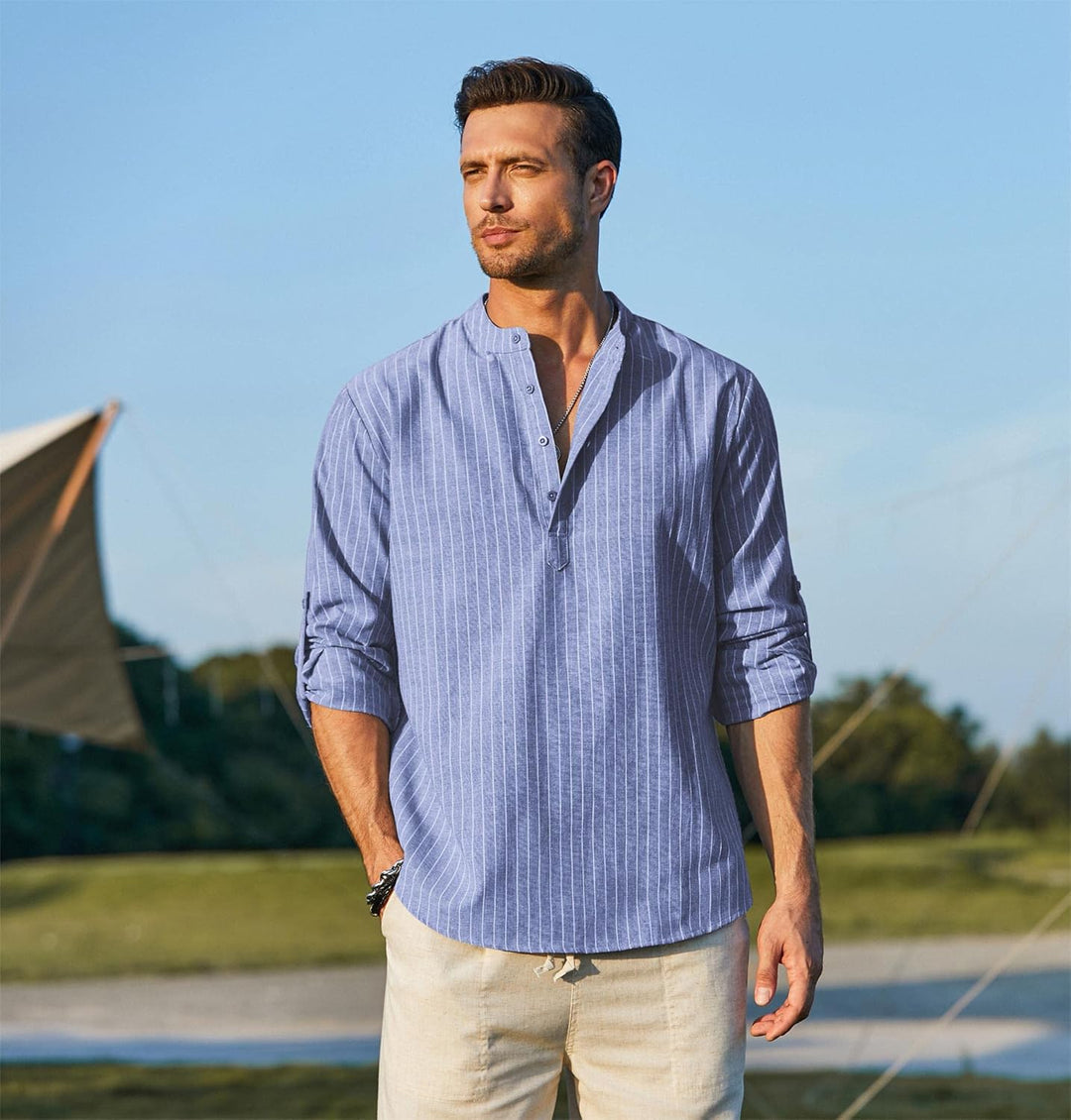 COOFANDY Hemd Herren Langarm Leinenhemd Baumwolle Henley Shirt Casual Regular Fit Sommerhemd S Blaue