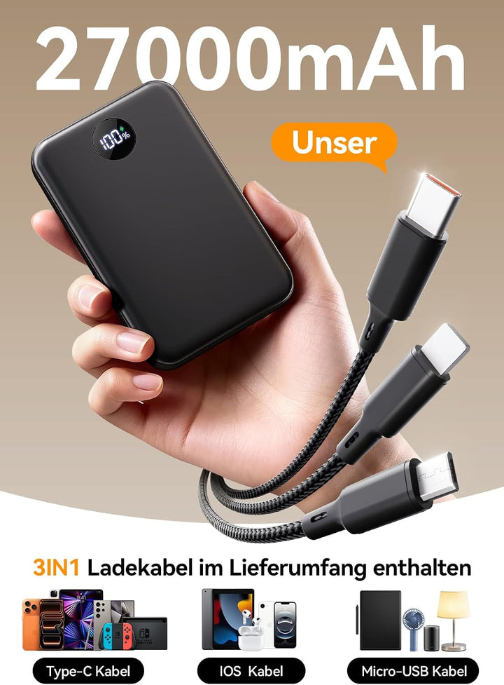 Power Bank 27000mAh, Ultra Kompakte Powerbank Schnellladen USB C, Externer Akku mit LED Display & 3-