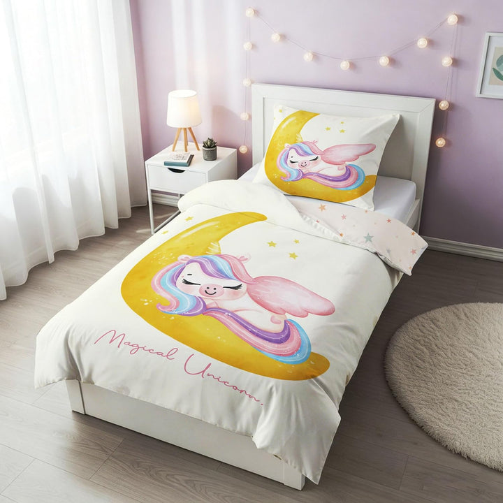 DJDEA Mond-Einhorn Bettwäsche Kinder 135x200 Mädchen Weich Mikrofaser,Einhorn Motiv Kinderbettwäsche