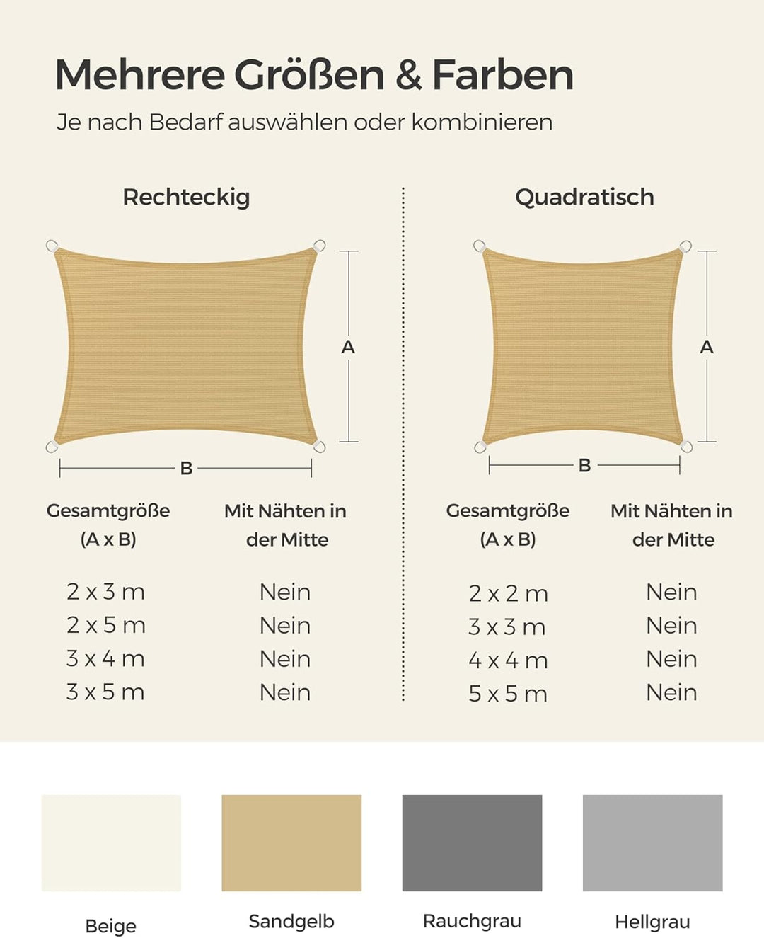 SONGMICS Sonnensegel 2 x 2 m, Sonnenschutz aus HDPE-Gewebe, luftdurchlässig, wasserdurchlässig, für