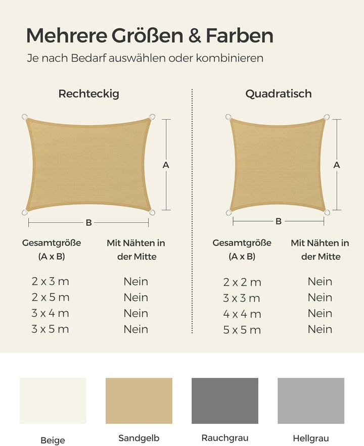SONGMICS Sonnensegel 2 x 2 m, Sonnenschutz aus HDPE-Gewebe, luftdurchlässig, wasserdurchlässig, für