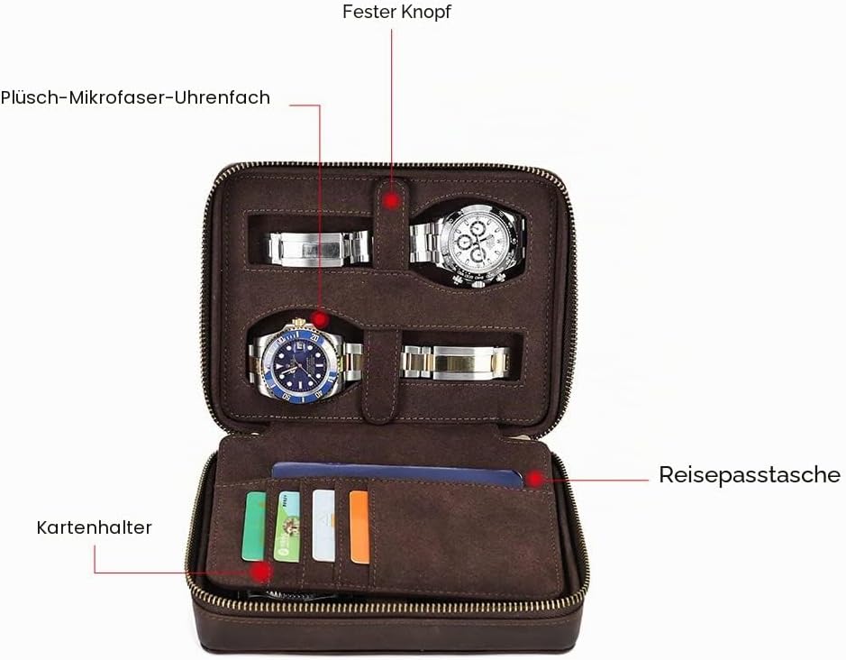 Hiram Multifunktionales Uhrenetui für 4 Uhren, tragbar, echtes Leder, Uhren-Organizer-Box für Damen