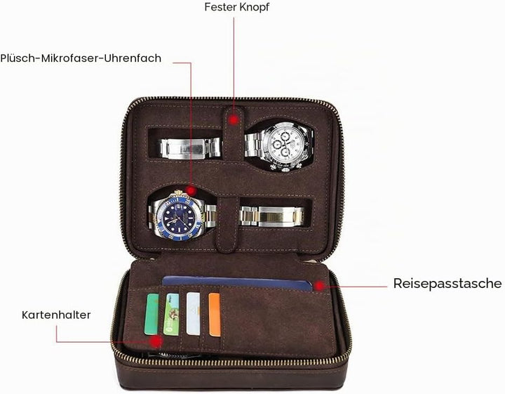 Hiram Multifunktionales Uhrenetui für 4 Uhren, tragbar, echtes Leder, Uhren-Organizer-Box für Damen