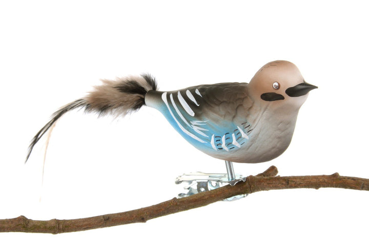 Birds of Glass® Glas-Vogel, Eichelhäher mit Naturfeder, Glasschmuck Made in Germany aus eigener Hers