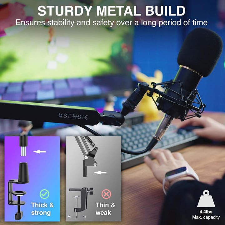 SENSIC SA-30 LP Low Profile Mikrofonständer Tisch mit 360° drehbarem Mikrofonarm, für Streaming mit