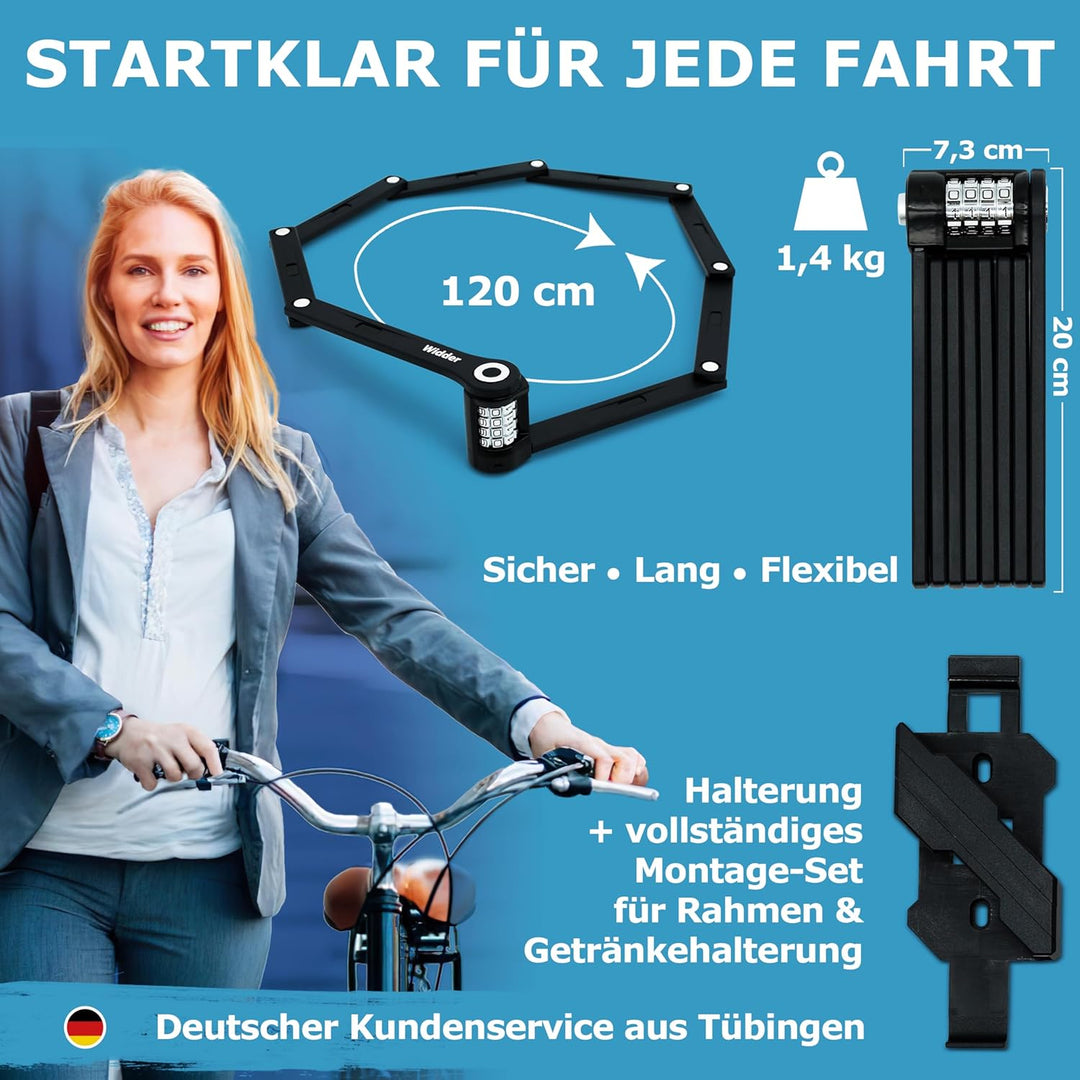 WIDDER 120cm Extrem Sicheres Fahrradschloss Zahlenschloss [Titan-Stahl Level 15] - 120 cm Faltschlos