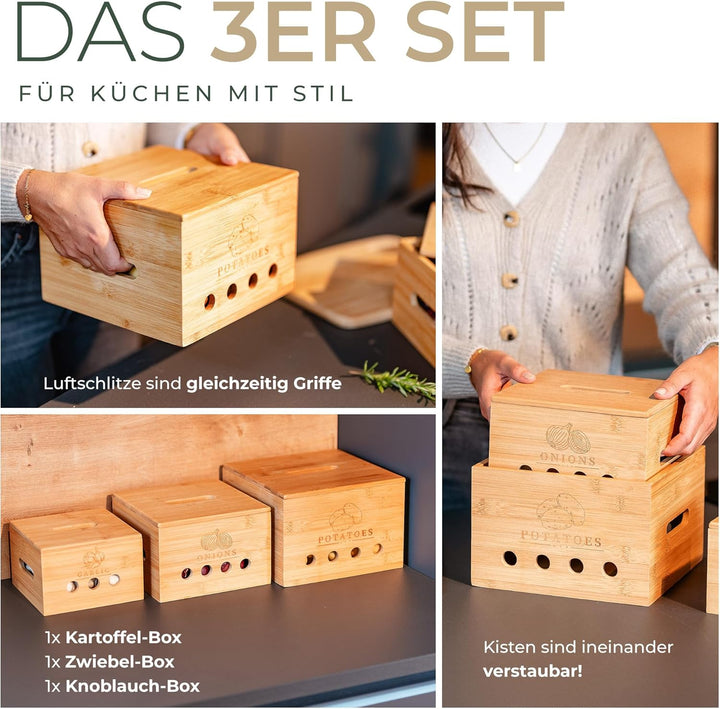Premium Kartoffel Aufbewahrungsbox [3er Set] – Längerfrische Kartoffel Aufbewahrung, Knoblauch und Z
