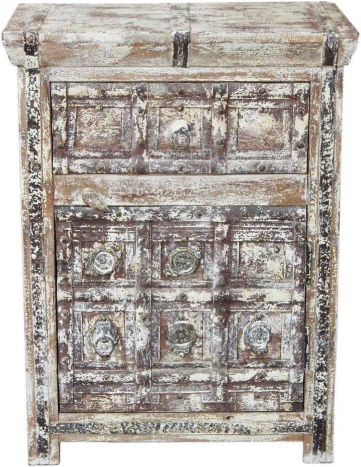 GURU SHOP Vintage Beistellschrank, Kommode, Nachttischschrank, Flurschrank mit Metall Verzierungen -