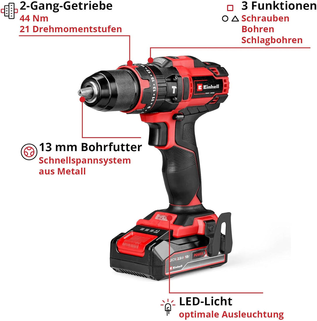 Einhell Akku-Schlagbohrschrauber TE-CD 18/44 Li-i (1x2,5Ah) Power X-Change (18 V, 44 Nm, Schlagbohrf