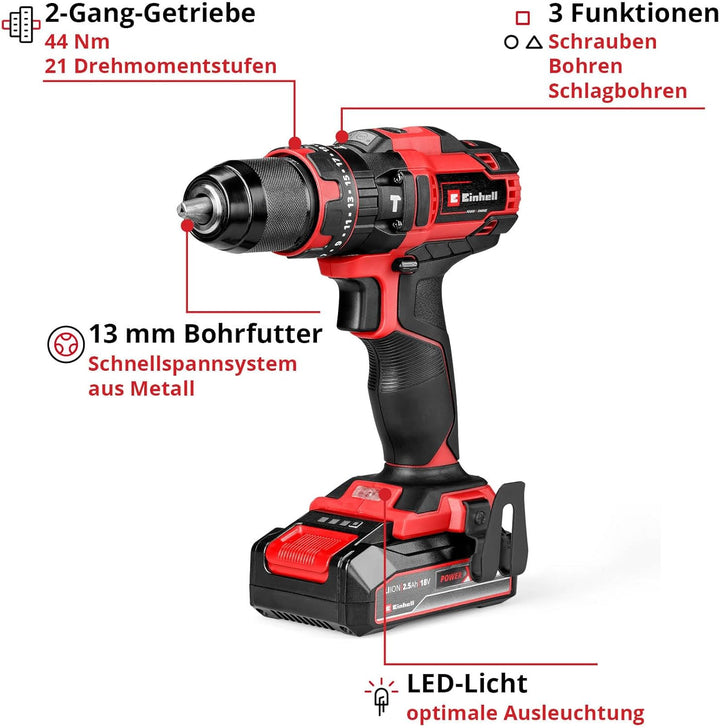 Einhell Akku-Schlagbohrschrauber TE-CD 18/44 Li-i (1x2,5Ah) Power X-Change (18 V, 44 Nm, Schlagbohrf