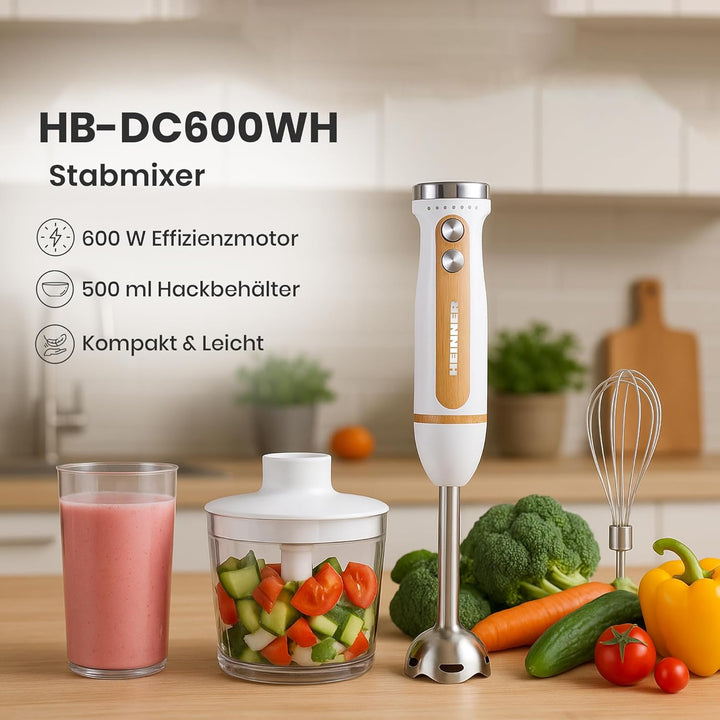 HB-DC600WH 6-in-1 Elektrischer Stabmixer, 600W Pürierstab mit Zerkleinerer, 700ml Mixbecher & 500ml