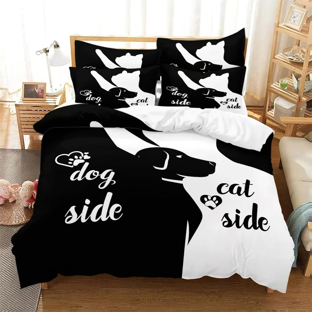 Bettwäsche-Set aus der Schwarz-Weiss-Serie Dog Side and Cat Side Motiv Bettbezug Paar Bettwäsche Set
