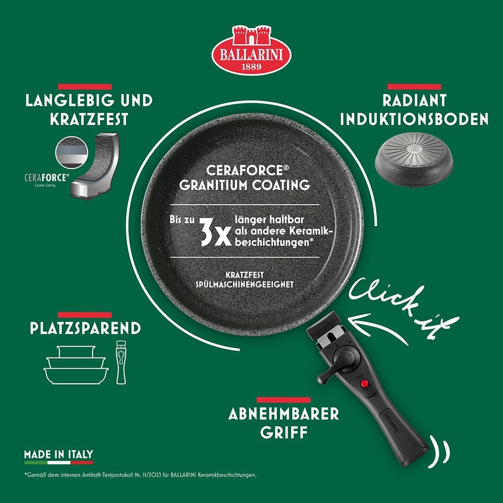 BALLARINI Torre Bratpfannen- und Stieltopf-Set + Küchenhelfer aus Silikon, 13 tlg, Keramikbeschichtu