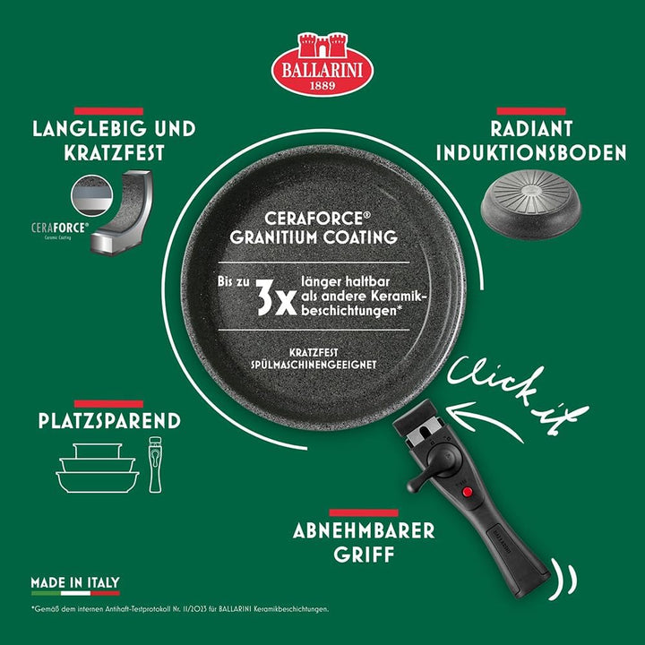 BALLARINI Torre Bratpfannen- und Stieltopf-Set + Küchenhelfer aus Silikon, 13 tlg, Keramikbeschichtu