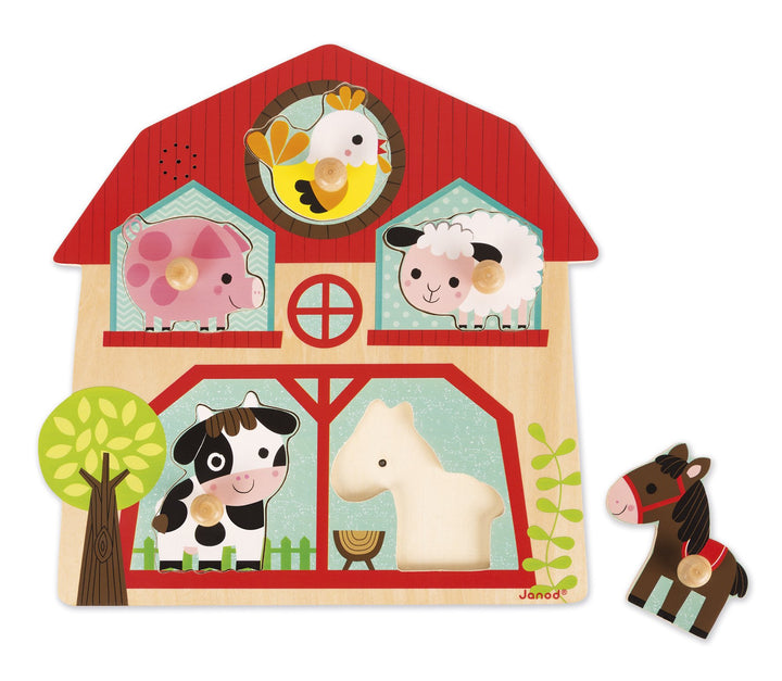Janod J07079 - Musikpuzzle Bauernhof-Freunde 5 Teile, Bauernhof-Freunde