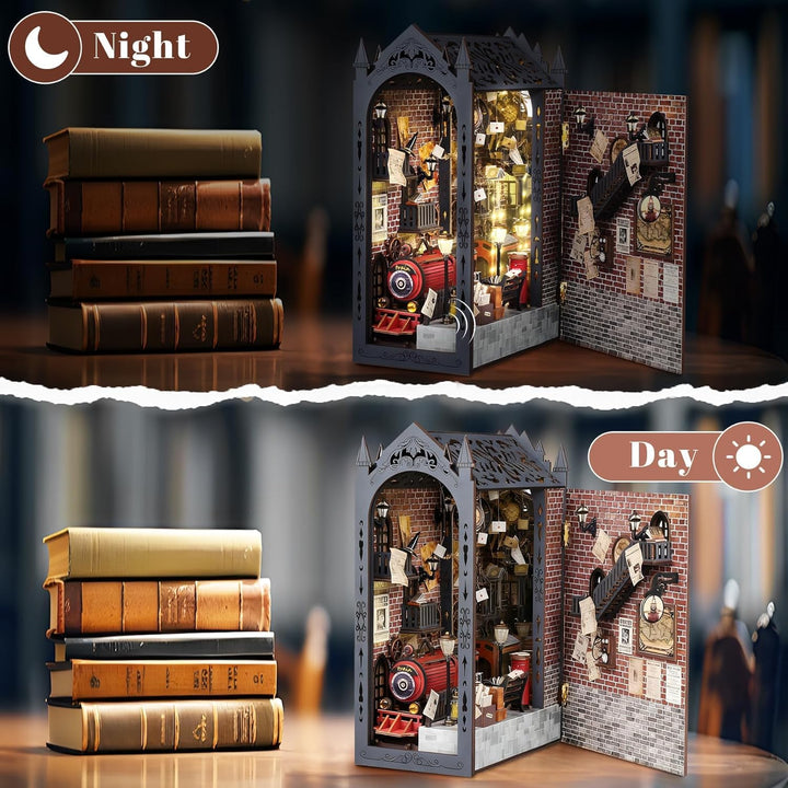 DIY Book Nook Kit, Magischer Bahnsteig Puppenhäuser Miniatur Haus Kit mit Staubschutzhülle LED-Licht