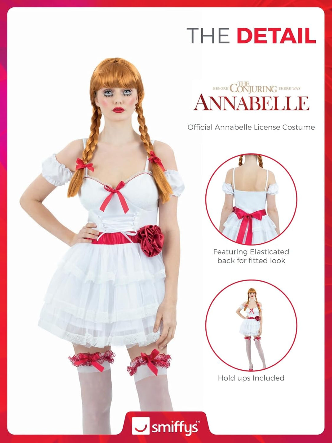 Smiffys 81003 Annabelle Minikleid Kostüm, Damen, Weiss & Rot X-Small (UK 4-6), X-Small (UK 4-6)