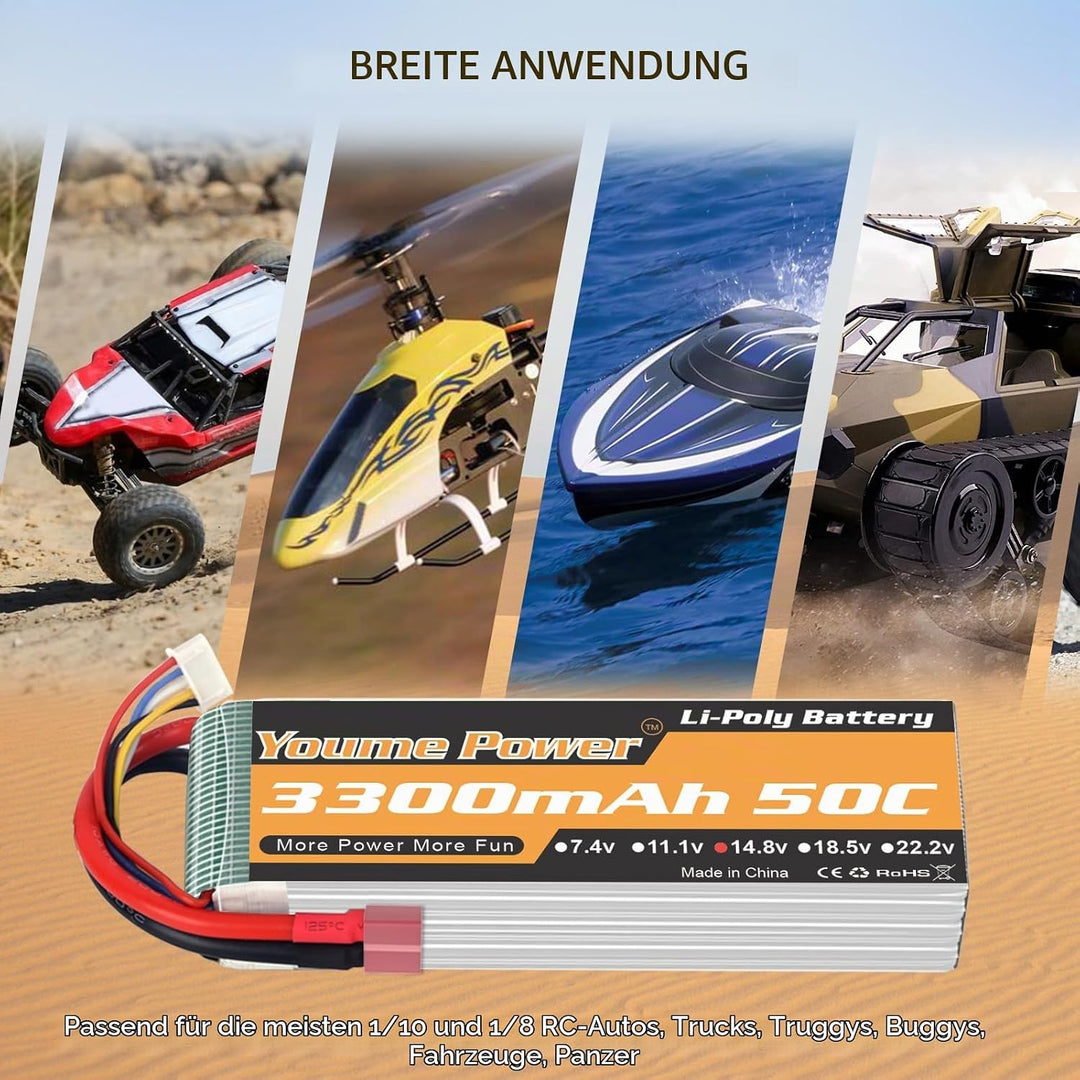 Lipo 4S Batterie, 14,8V 3300mAh Lipo Batterie Pack 50C mit T Stecker für RC Hubschrauber Flugzeug Bo