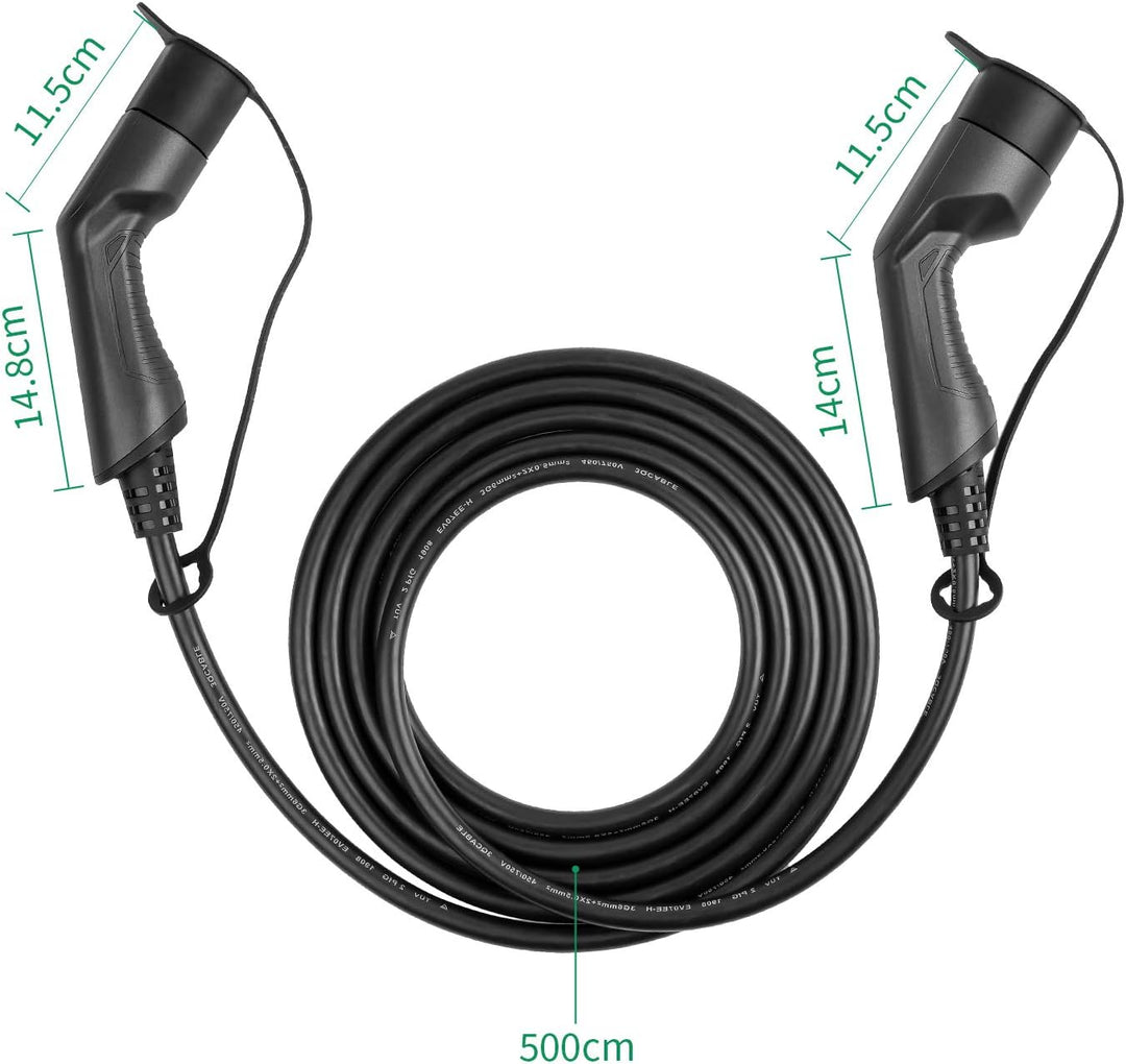 Elektroauto Ladekabel 32A 7,4kW, einphasig, Typ 2 auf Typ 2 (IEC 62196-2), 5m, kompatibel mit Allen