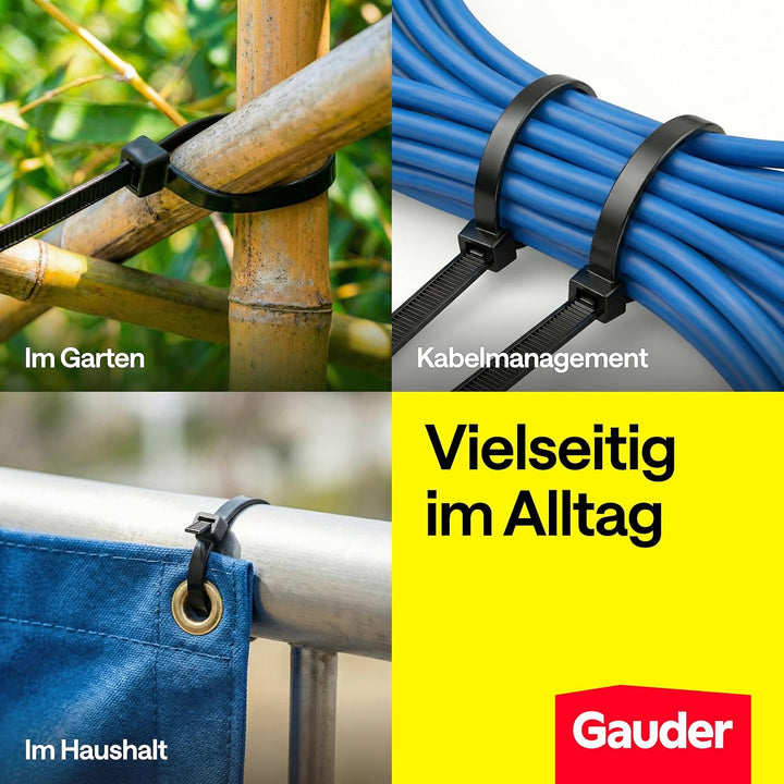 GAUDER Kabelbinder schwarz (80 kg Zugfestigkeit) - Extra starke und lange Kabelbinder für Kabelmanag