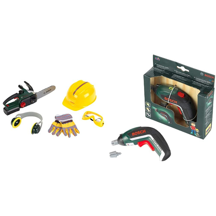 Theo Klein 8532 Bosch Kettensäge mit Zubehör I Batteriebetriebene Säge mit Sound- und Lichtfunktion