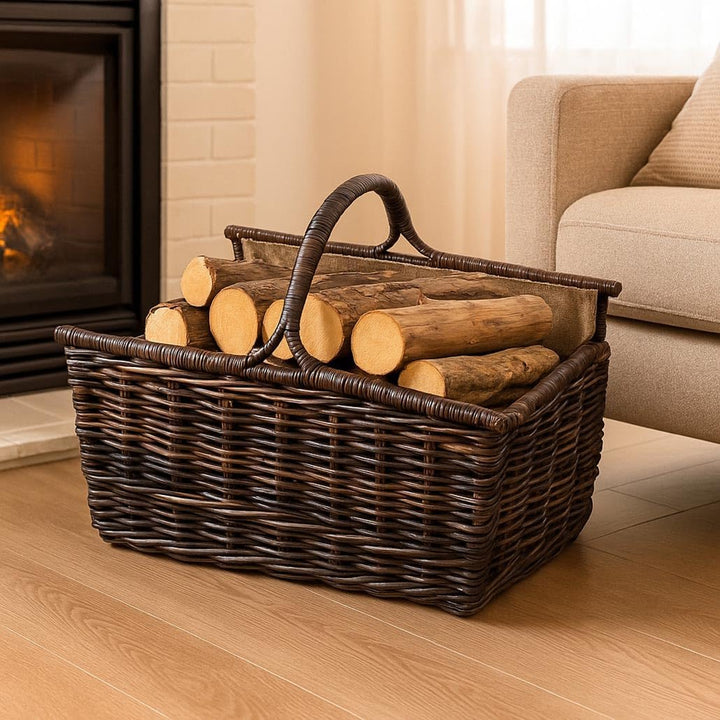 Kobolo Holztrage Holzkorb für Kaminholz - aus Rattan mit Leinen ausgeschlagen