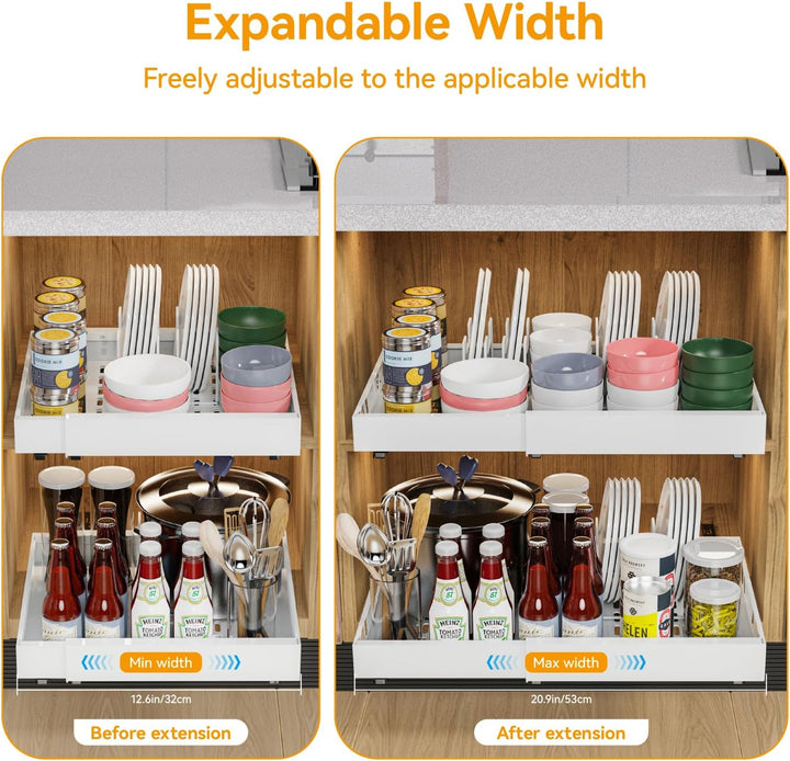 2 Pack erweiterbar Pull Out Cabinet Organizer Adhesive mit 8 Geschirrhalter, Pull Out Regale für Küc