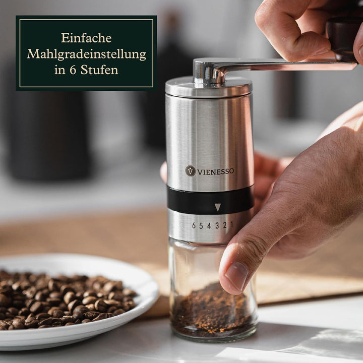 Kaffeemühle manuell aus Edelstahl - Handkaffeemühle mit Keramikmahlwerk & 6 Mahlstufen | kompakte Ka